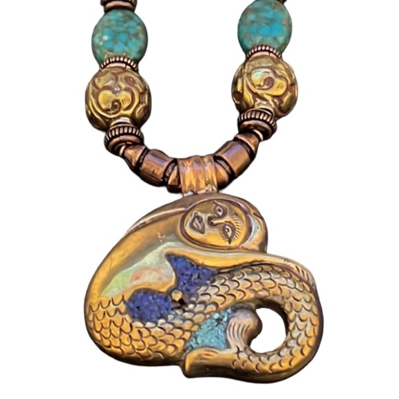 Antique Victorian Turkish Bronze Work w Turquoise Stone Beaded Mermaid Necklace - Picture 4 of 11